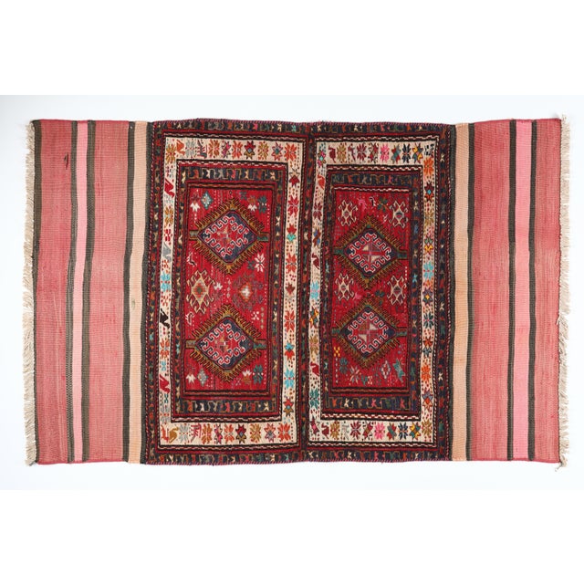 Vintage Tribal Kurdish Sumak Embroidery Kilim – Handwoven Floor Textile This beatiful Handwoven embroidery vintage Kurdish...