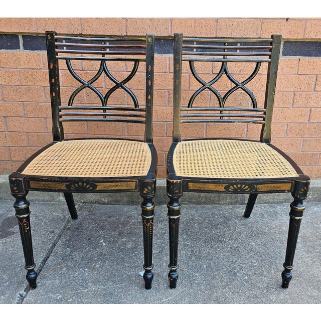 Baker Furniture Company Set Four Baker Historic Charleston Decorated Ebonized Wood and Cane Side Chairs For Sale - Image 4 of 12