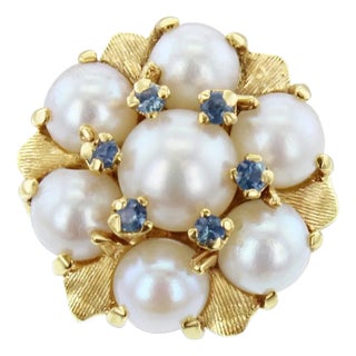 Vintage Freshwater Pearl Cluster Ring with Blue Topaz Accents, Size 5.5 For Sale