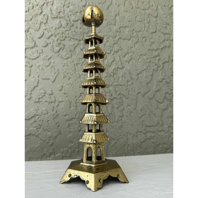 Chinoiserie Vintage Chinese Brass Pagoda Temple Candlestick With Lotus Flower Bobeche For Sale - Image 3 of 12