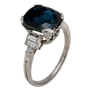 1930s Art Deco Gia 4.5 Carat No Heat Sapphire Diamond Platinum Ring, Size 5 For Sale