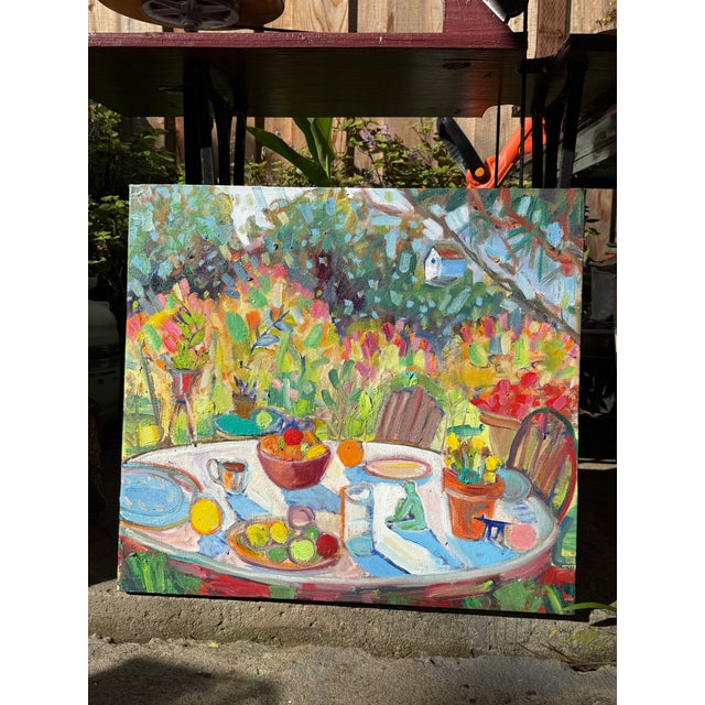 Expressionist Table in Garden Original Oil Painting Hartman For Sale - Image 4 of 6
