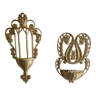 Vintage Hollywood Regency Homco Gilded Faux Wicker & Rattan Wall Pocket Planter Baskets, Wall Hanging Flower Installation For Sale