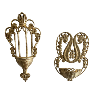 Vintage Hollywood Regency Homco Gilded Faux Wicker & Rattan Wall Pocket Planter Baskets, Wall Hanging Flower Installation