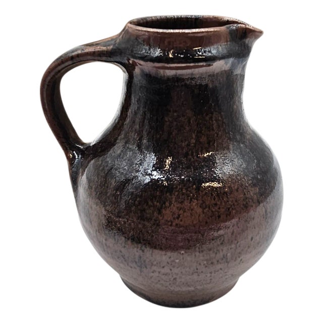 Japanese Shussai Gama Studio Pottery Pitcher With Black Glaze and Original Box For Sale