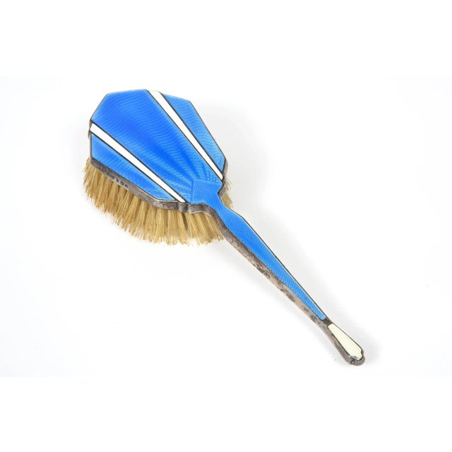 Early 20th Century English Art Deco Sterling Silver Blue White Guilloche Enamel Brush Dresser Set - 3 Pieces For Sale In Miami - Image 6 of 13