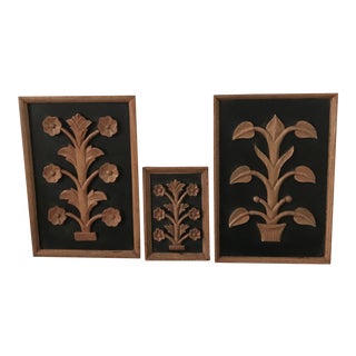 Folk Art Floral Plants Carved Wood Wall Plaques - Set of 3 For Sale