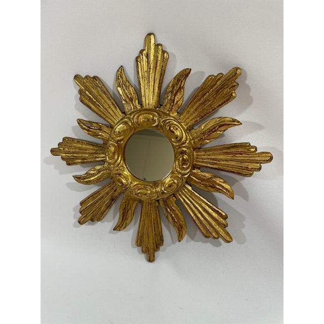1950s French Petite 11" Giltwood Sunburst Wall Mirror For Sale - Image 9 of 18