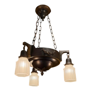 Circa 1920’s Dark Brozed Patina Chandelier With Ribbed Glass Shades
