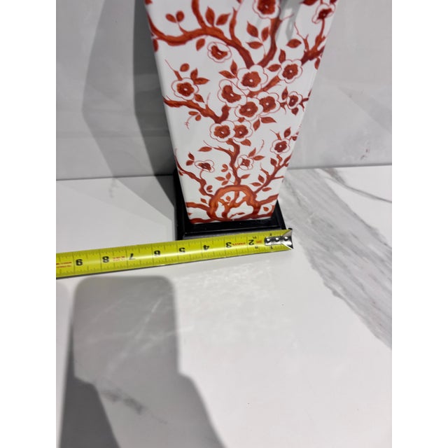 Vintage Japanese Porcelain Vase Table Lamp Featuring a Hand-Painted Red Cherry Blossom Floral For Sale In Miami - Image 6 of 9