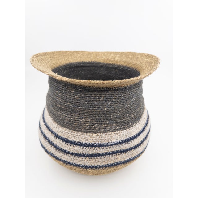 Blue Handwoven Indian Seagrass Basket With Flared Rim in Natural, Charcoal & Indigo Accents For Sale - Image 8 of 8