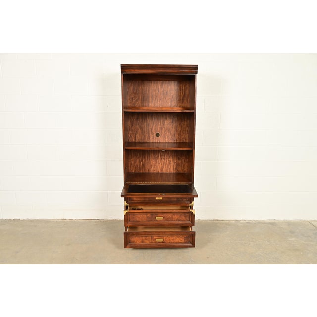 1970s Henredon Style Mid-Century Modern Hollywood Regency Campaign Burled Walnut Bookcase With Drop Front Secretary Desk, Circa 1970s For Sale - Image 5 of 15