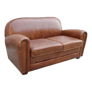 Contemporary Pasargad Brown Leather Paris Club Loveseat Sofa For Sale
