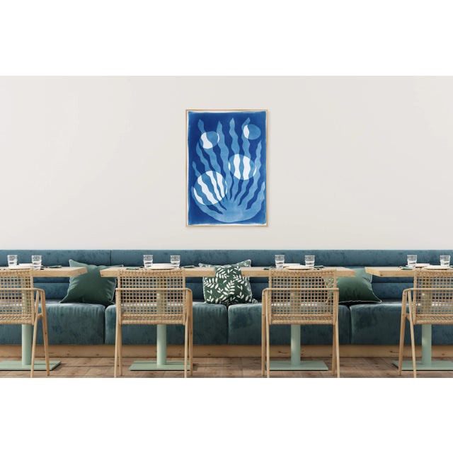 Art Deco 2025, Art Deco Style, Ocean Shapes, Unique Monotype - Cyanotype on Watercolor Paper of Algae With Bubbles in Blue Tones by Kinf of Cyan For Sale - Image 3 of 8