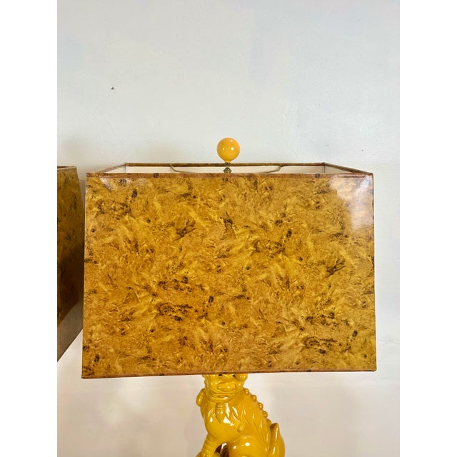 Vintage Yellow Ceramic Foo Dog Lamps - A Pair For Sale - Image 9 of 12