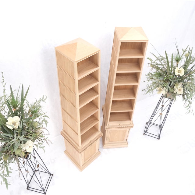 Wood Pair New Unfinished Baker Obelisk Shape Double Sided 360 Degree Walnut Bookcases For Sale - Image 7 of 18