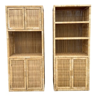 Boho Chic Blonde Wicker Cabinet/Etageres - A Pair For Sale