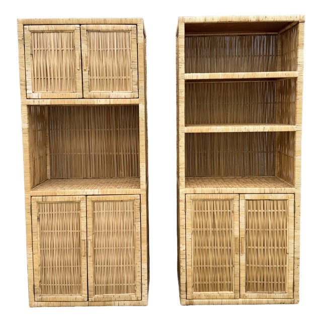Boho Chic Blonde Wicker Cabinet/Etageres - A Pair For Sale