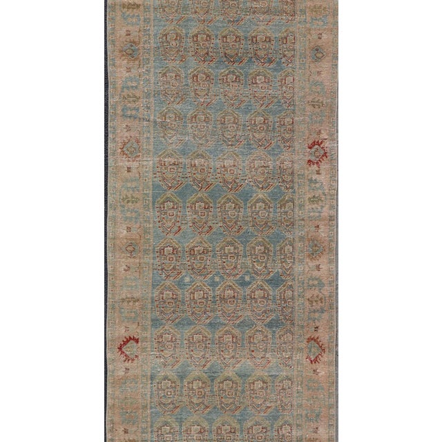 Baby Blue Antique Persian Malayer Runner With Paisley Design in Light Blue Background 3'8 X 16'7 For Sale - Image 8 of 11