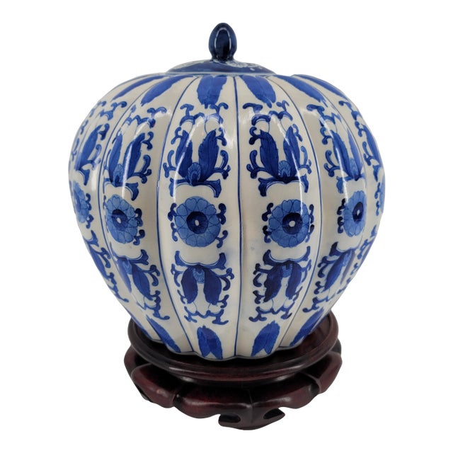 Vintage Blue & White Hand-Painted Melon Ginger Jar With Carved Wood Stand For Sale