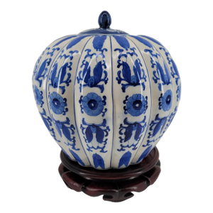 Vintage Blue & White Hand-Painted Melon Ginger Jar With Carved Wood Stand