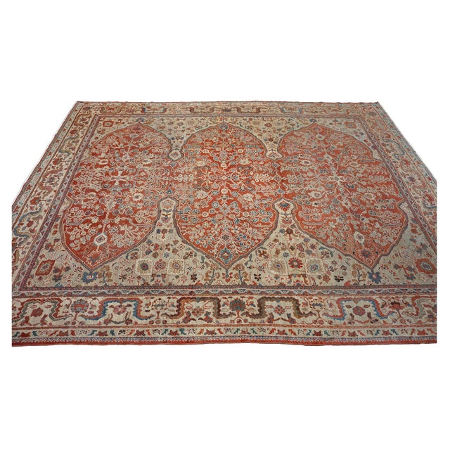 1900 - 1909 Antique Persian Sultanabad Wool 9 X 12 Rust, Taupe & Blue Handmade Area Rug #1140387 For Sale - Image 5 of 13