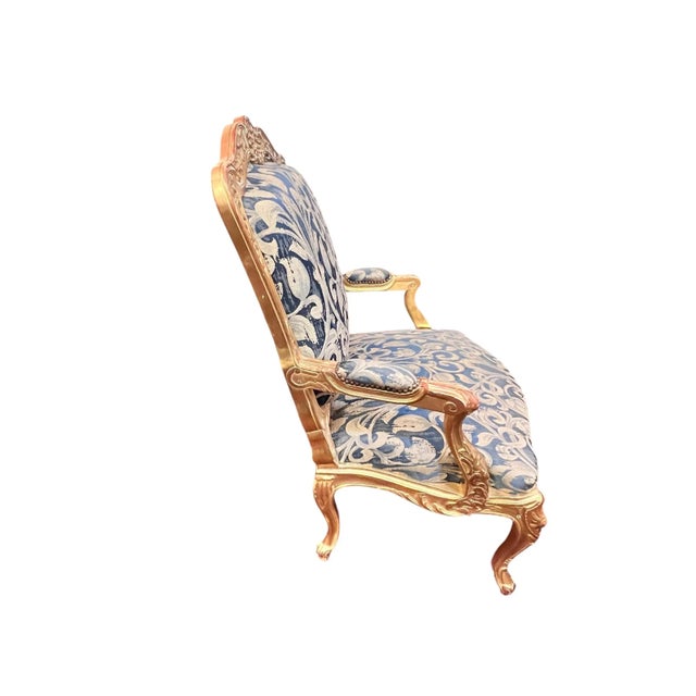 Blue Mid 20th Century Pair of Louis XV Style Giltwood Fauteuil Chairs For Sale - Image 8 of 17