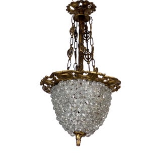 Antique French Brass Glass Grape Shade Chandelier, 1930s For Sale