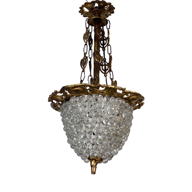 Antique French Brass Glass Grape Shade Chandelier, 1930s For Sale