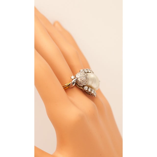 Metal Mid 20th Century 18k Yellow Gold and White Gold Gia Certified Natural Pearl Diamond Ring, Size 6.5 For Sale - Image 7 of 11