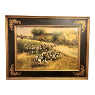 1980s Grand Manor ​Traditional Equestrian Fox Hunt Scene Black Gold Ornate Framed Oil Painting For Sale
