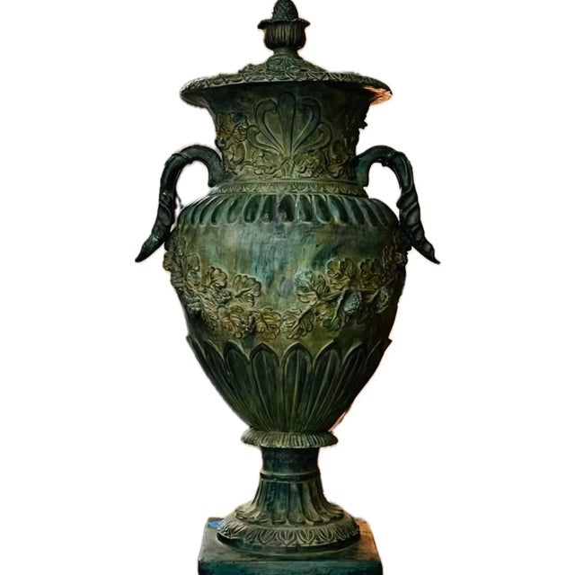 Late 20th Century 51”h Spectacular Miami Beach Vintage Urn With Lid Classic Cast Bronze Verdigris Patinated - A Pair For Sale - Image 5 of 12