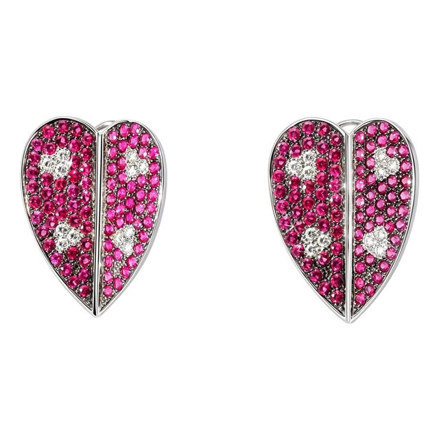 Late 20th Century 18K White Gold Diamond Red Sapphire Heart Earrings, Pair For Sale