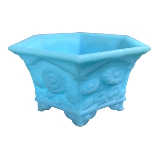 Vintage Fenton Blue Satin Glass Footed Jardiniere Cachepot Planter For Sale