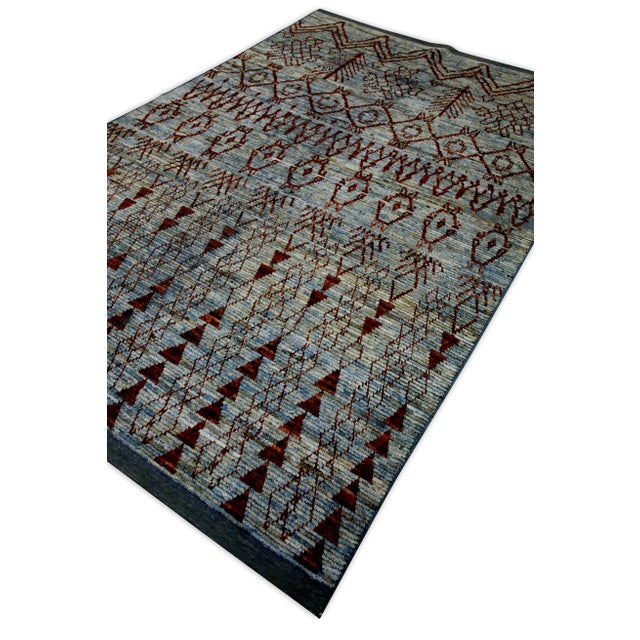 Early 21st Century Early 21st Century Blue & Red Geometric Design Handwoven Wool Modern Turkish Rug 6'2" X 9'5" For Sale - Image 5 of 8