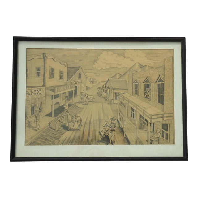 1967 Bob Everett "Centennial Before the Storm" Drawing Old Western Town Scene For Sale