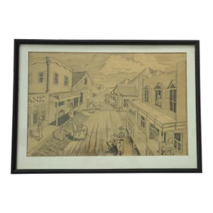 1967 Bob Everett "Centennial Before the Storm" Drawing Old Western Town Scene