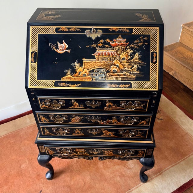 Wood Vintage Maddox Chinoiserie Black Lacquer Secretary Desk For Sale - Image 7 of 12
