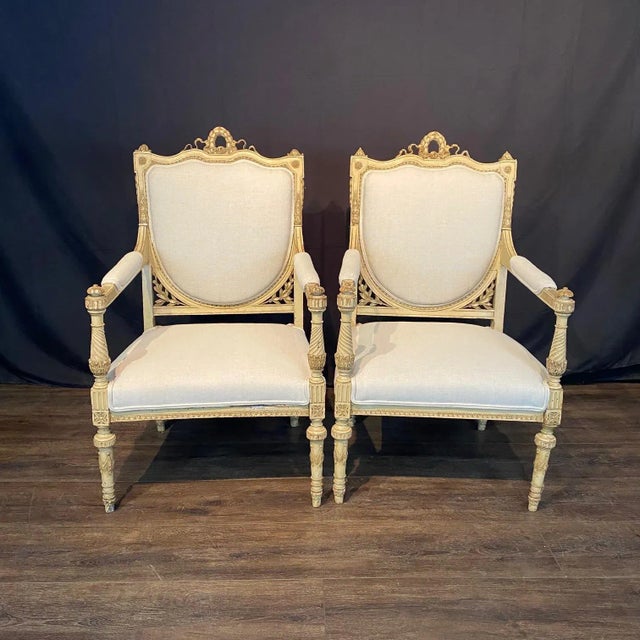 Cream Antique Painted French Neoclassical Armchairs With New Upholstery - A Pair For Sale - Image 8 of 15
