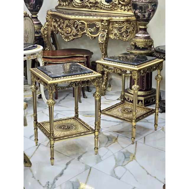 French French Marble-Top End Tables With Hand-Gilded Gold Leaf Frames – Set of 2 For Sale - Image 3 of 3