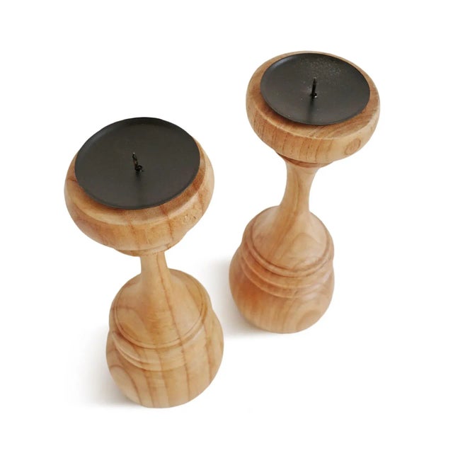 Set of 2 Wood Candle Stands For Sale - Image 4 of 5