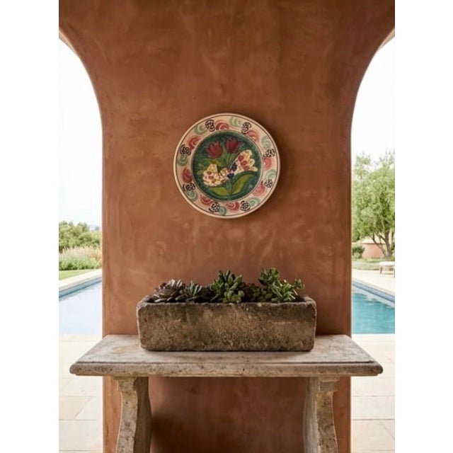 Vintage Hand-Painted Mediterranean Style Terracotta Ceramic Wall Hanging Plate - Bird & Tulip Motif For Sale - Image 9 of 12