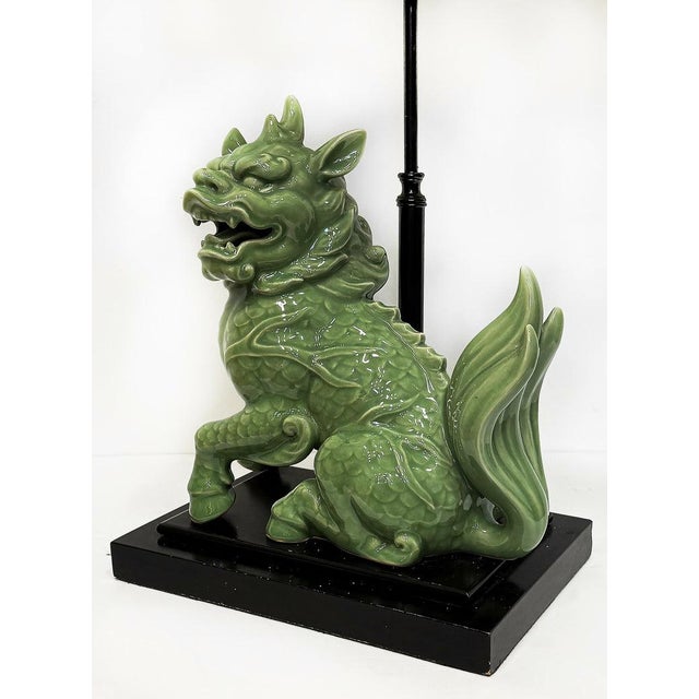 1940s Chinoiserie Celadon Porcelain Foo Dog Lamp, Custom Shade For Sale - Image 4 of 10