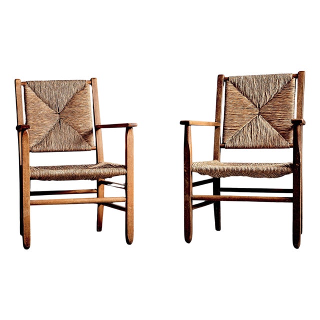 Rustic Oak Lounge Chairs with Hand-Woven Rush Seats, France, 1940s, Set of 2 For Sale