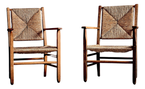Rustic Oak Lounge Chairs with Hand-Woven Rush Seats, France, 1940s, Set of 2