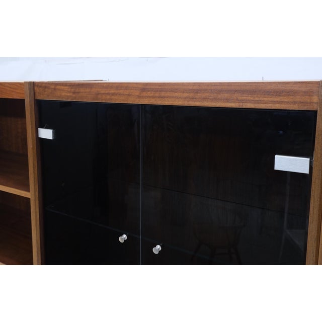3 Bay Mid-Mentury Modern Walnut Glass Doors Bookcase Wall Unit Curio Cabinet For Sale - Image 14 of 18