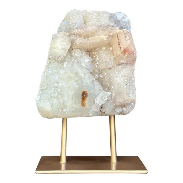 Natural Quartz Crystal Sculpture on Golden Metal Stand For Sale