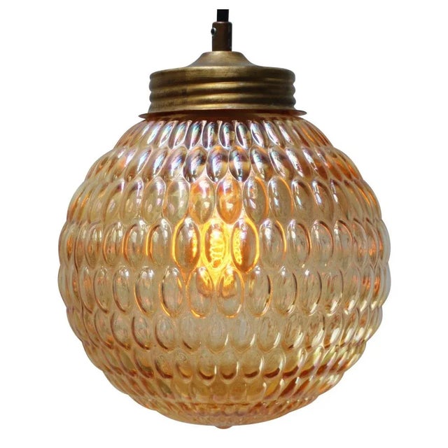 Mid-Century Modern Mid-Century Brass Top Pendant Lights in Amber Glass For Sale - Image 3 of 7