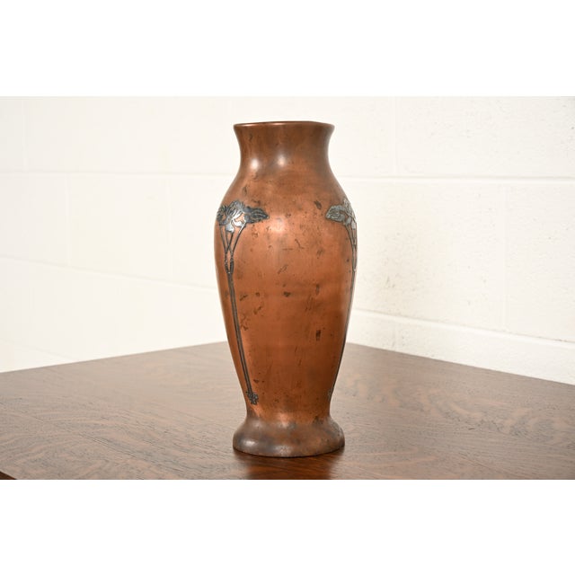 Art Deco Silver Crest Arts & Crafts Sterling Silver on Bronze Tall Vase For Sale - Image 3 of 16