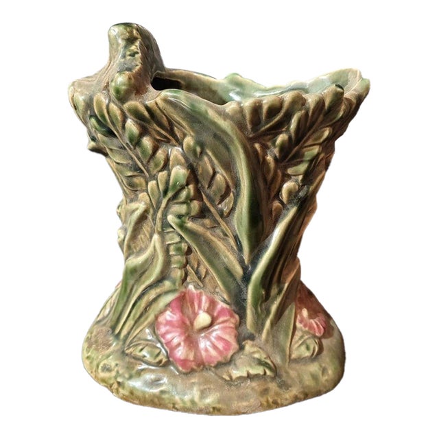 1960s Hand Sculpted Phoenix & Floral Ceramic Brush Pot For Sale